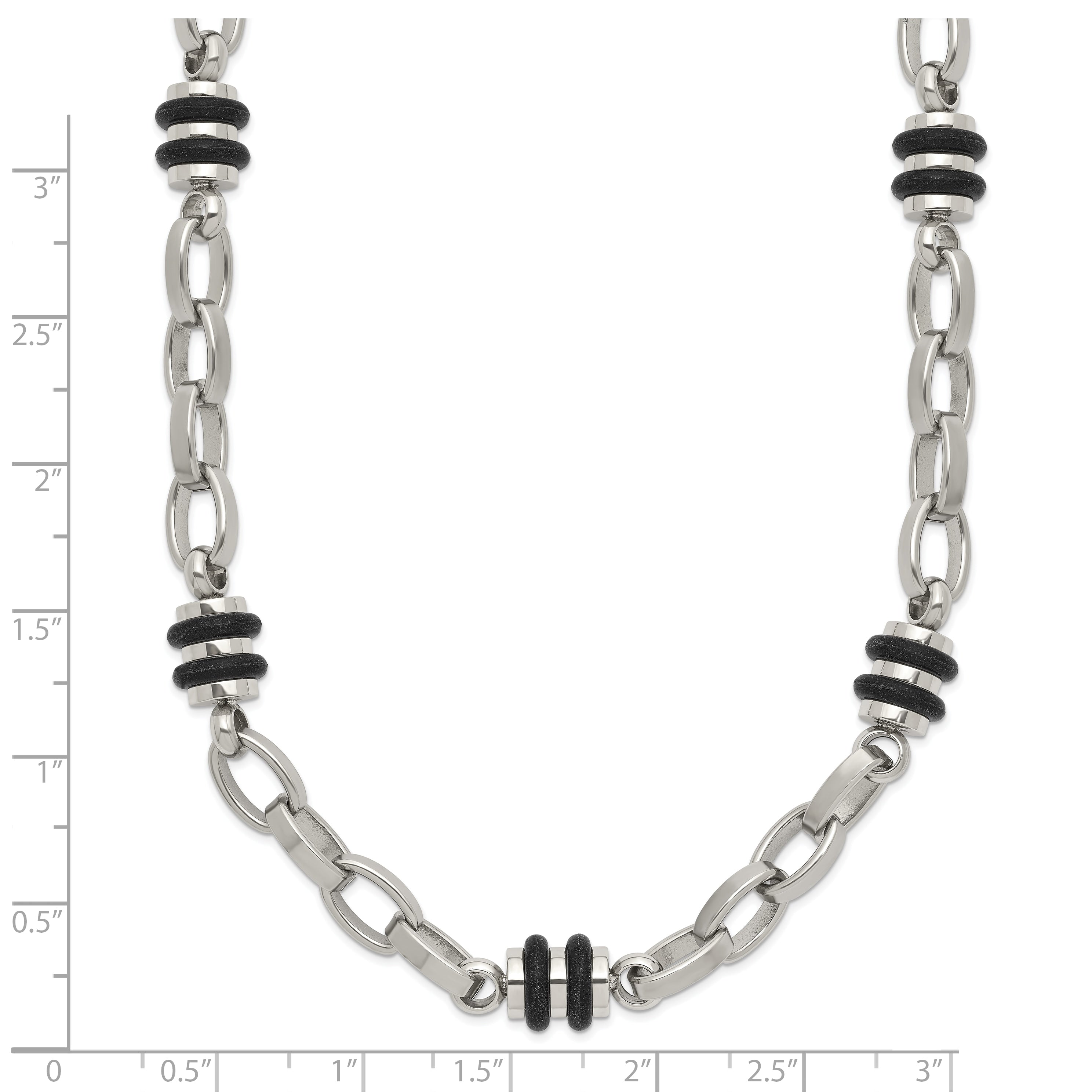 Chisel Stainless Steel Polished with Black Rubber Barrel Link 22 inch Necklace