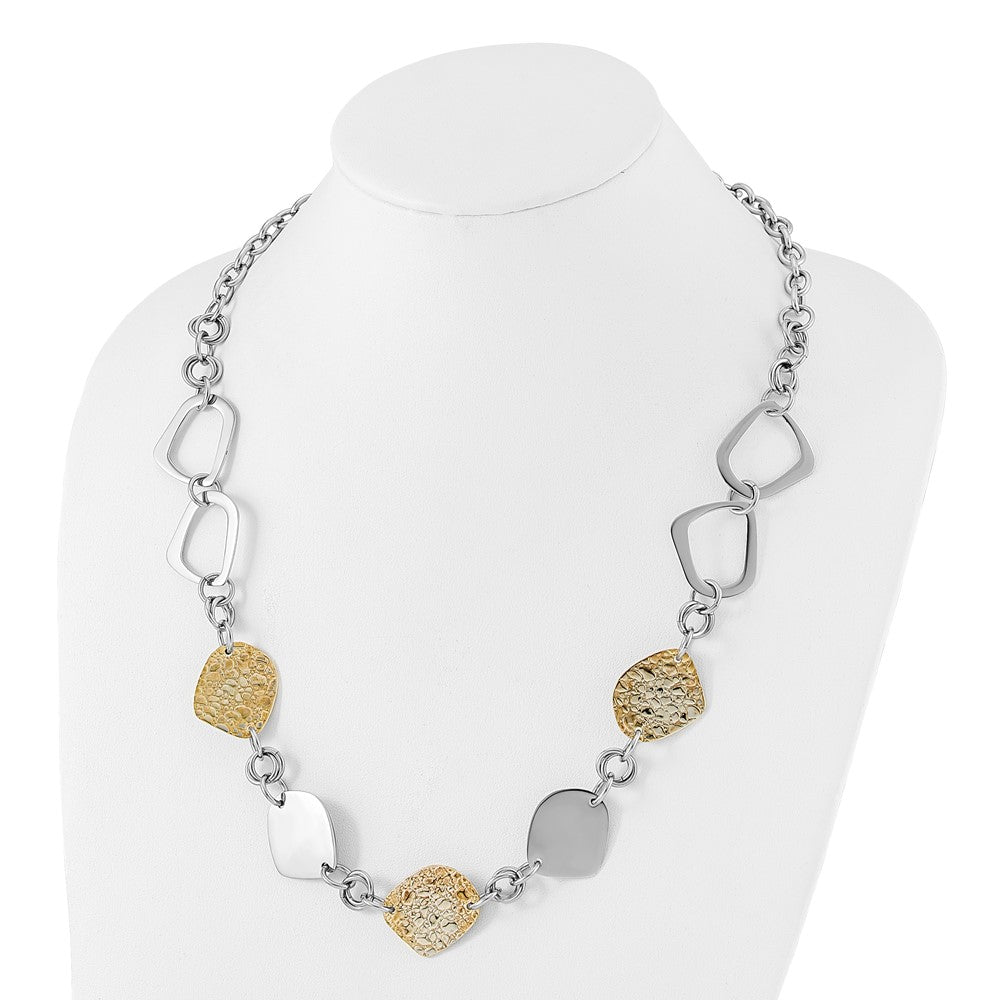 Stainless Steel Yellow IP-plated Polished & Pebbled Fancy Link Necklace