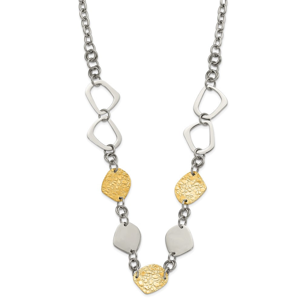 Stainless Steel Yellow IP-plated Polished & Pebbled Fancy Link Necklace