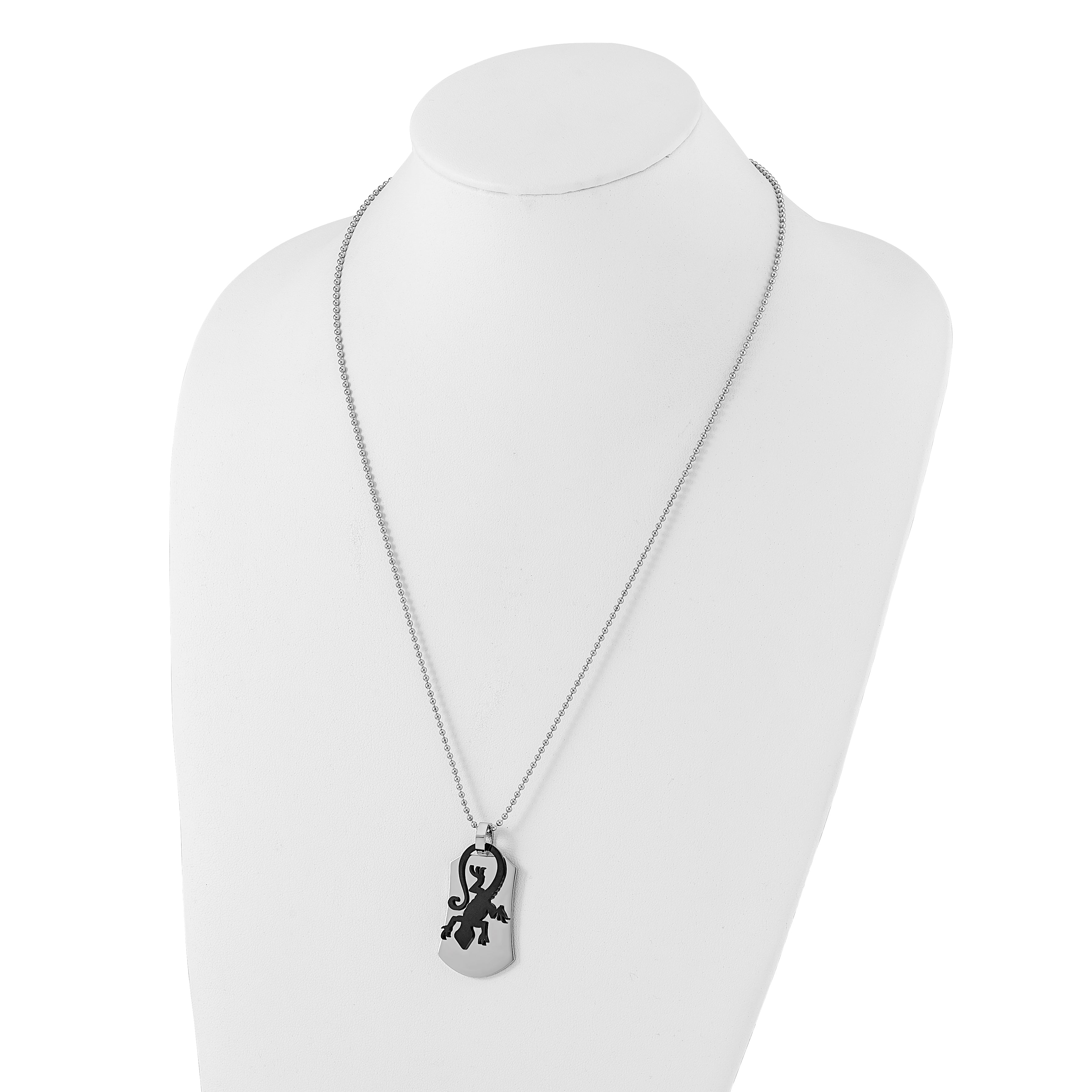 Stainless Steel Polished & Black Enamel Lizard Necklace
