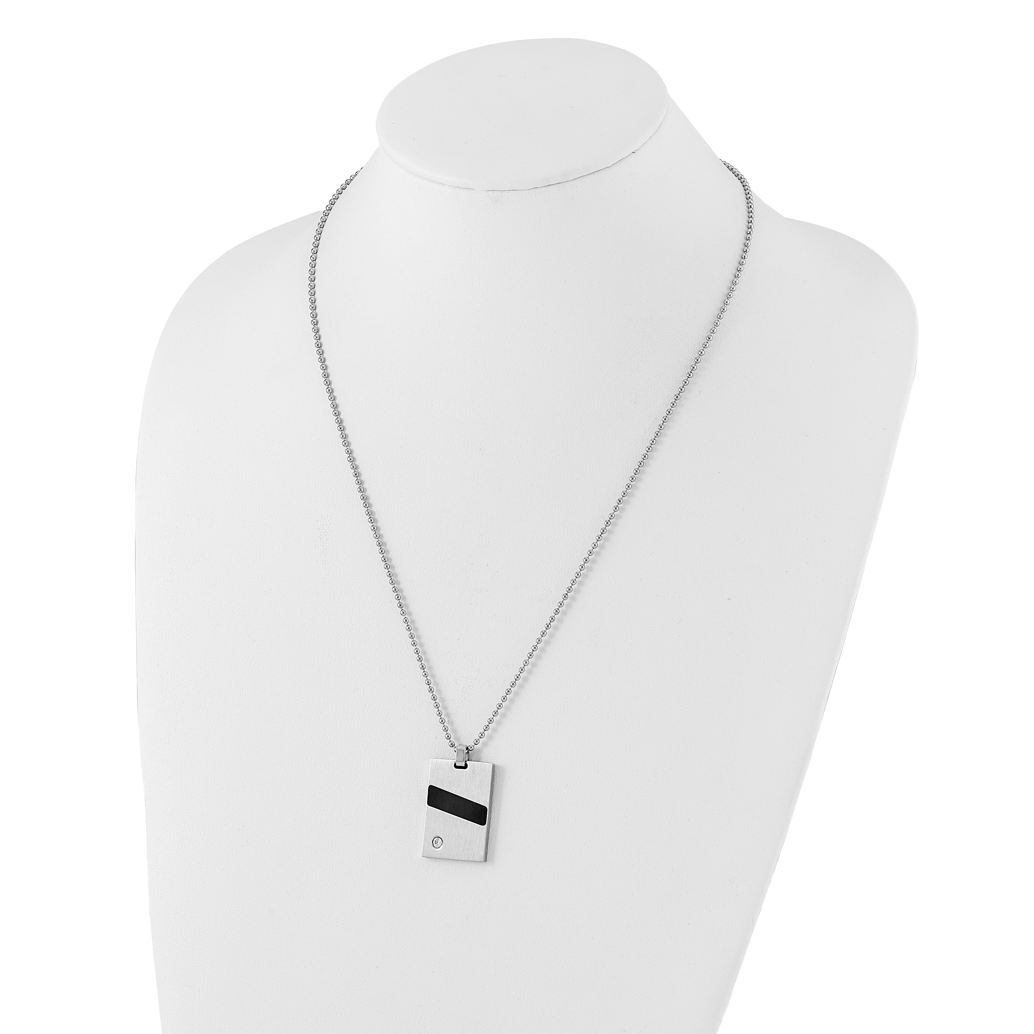 Stainless Steel Polished & Satin Black Rubber & CZ Pendant Necklace