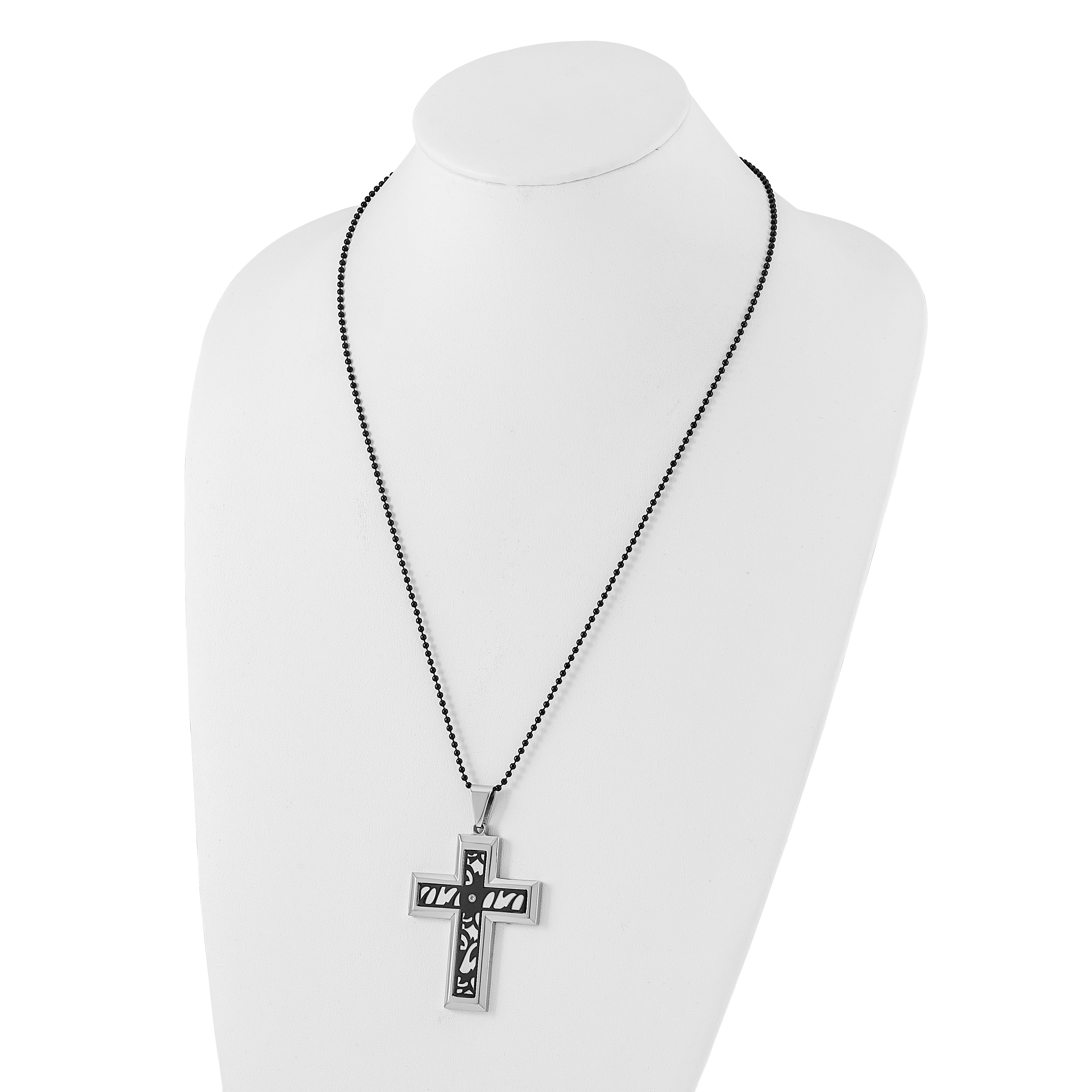 Stainless Steel Black-plated Fancy CZ Latin Cross Necklace