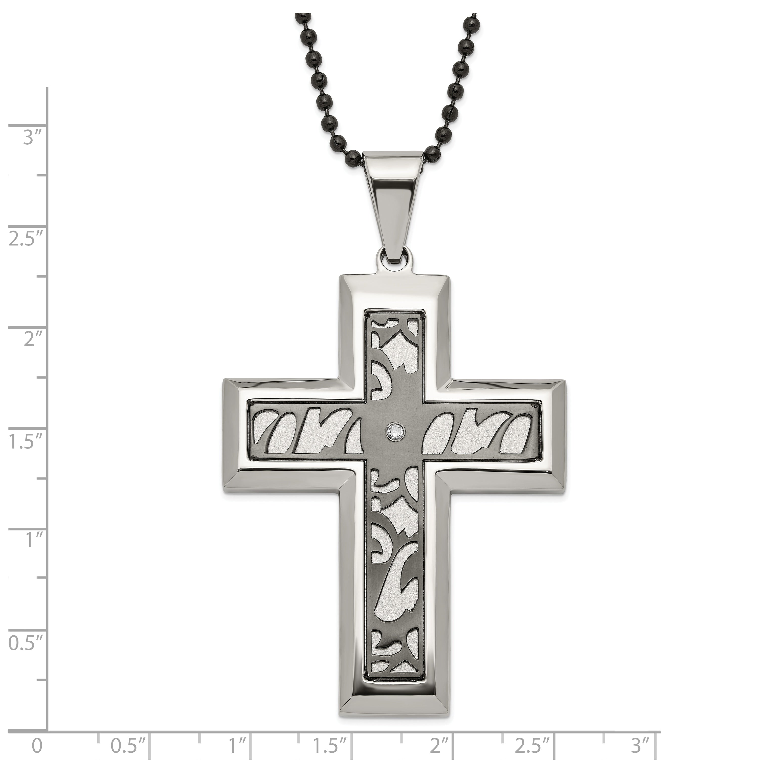 Stainless Steel Black-plated Fancy CZ Latin Cross Necklace