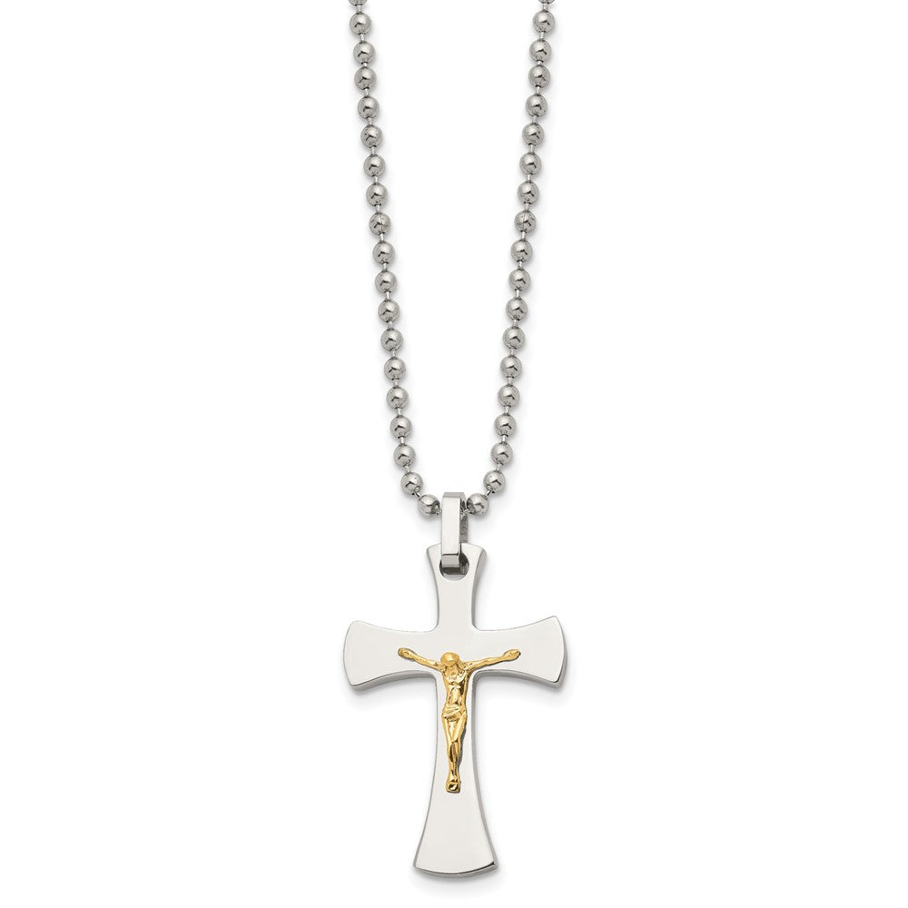 Chisel Stainless Steel Polished with 14k Gold Accent Crucifix Pendant on a 22 inch Ball Chain Necklace