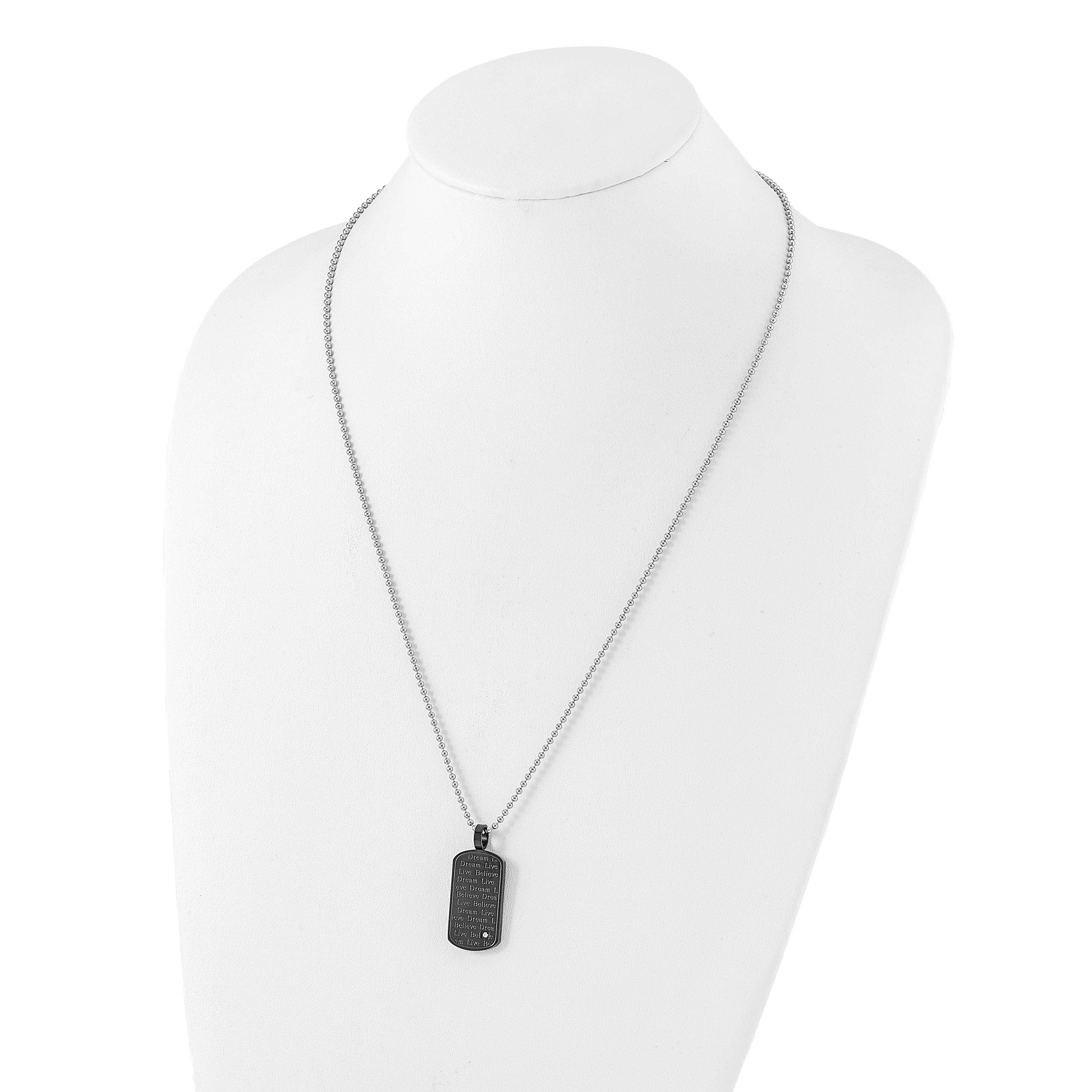 Stainless Steel Black PVD-plated CZ Believe Live Dream Dogtag Necklace