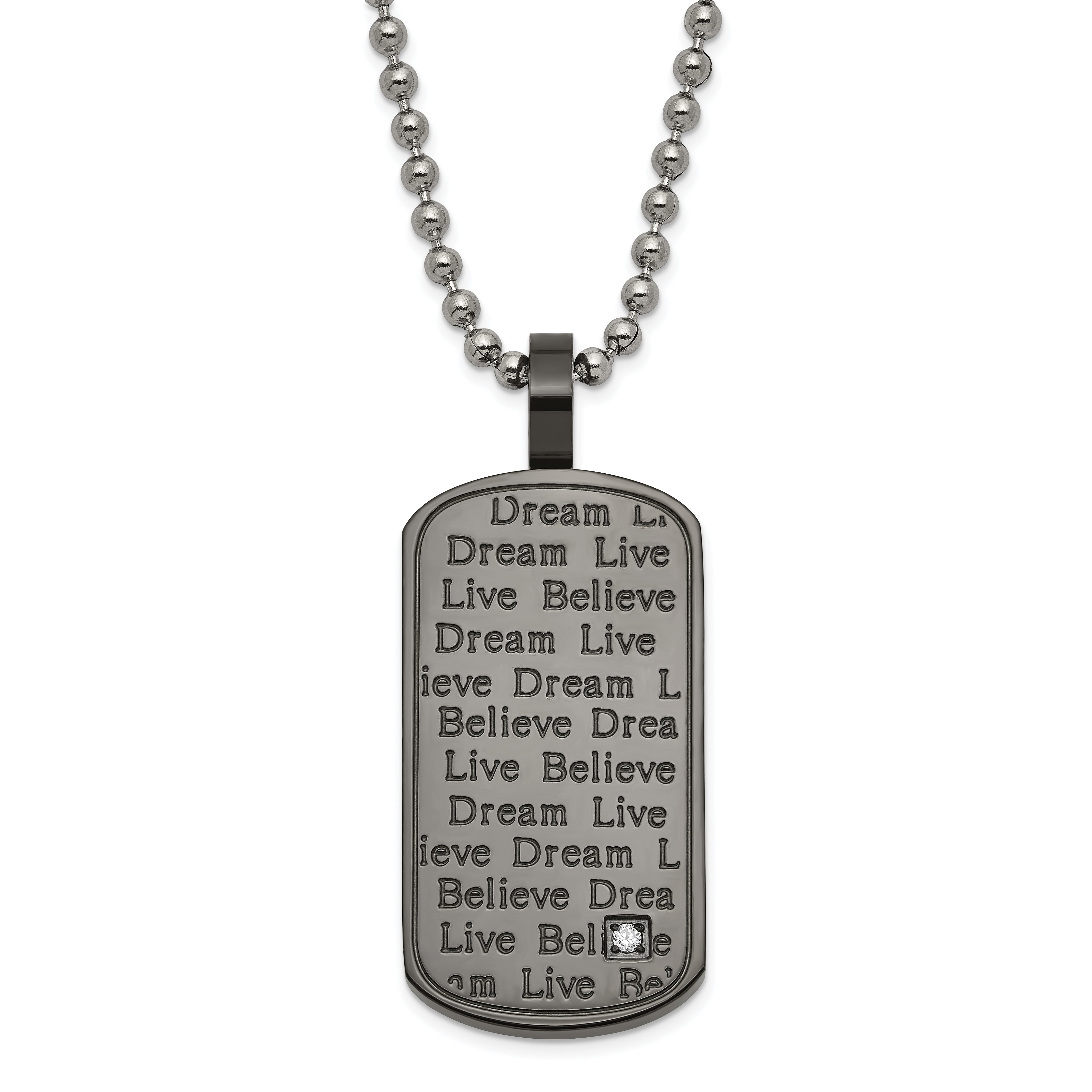 Stainless Steel Black PVD-plated CZ Believe Live Dream Dogtag Necklace