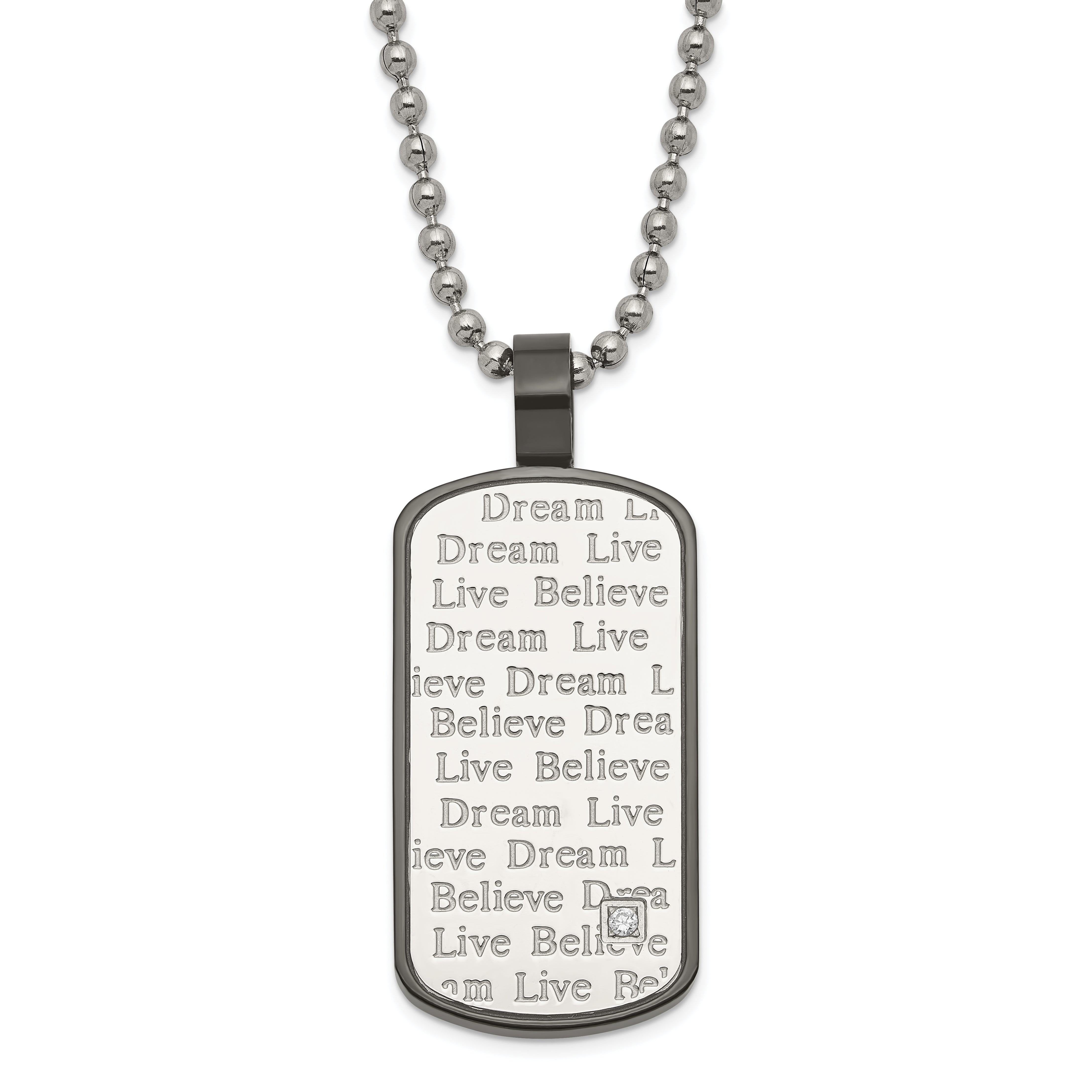 Stainless Steel Black PVD-plated CZ Live Dream Believe Dogtag Necklace