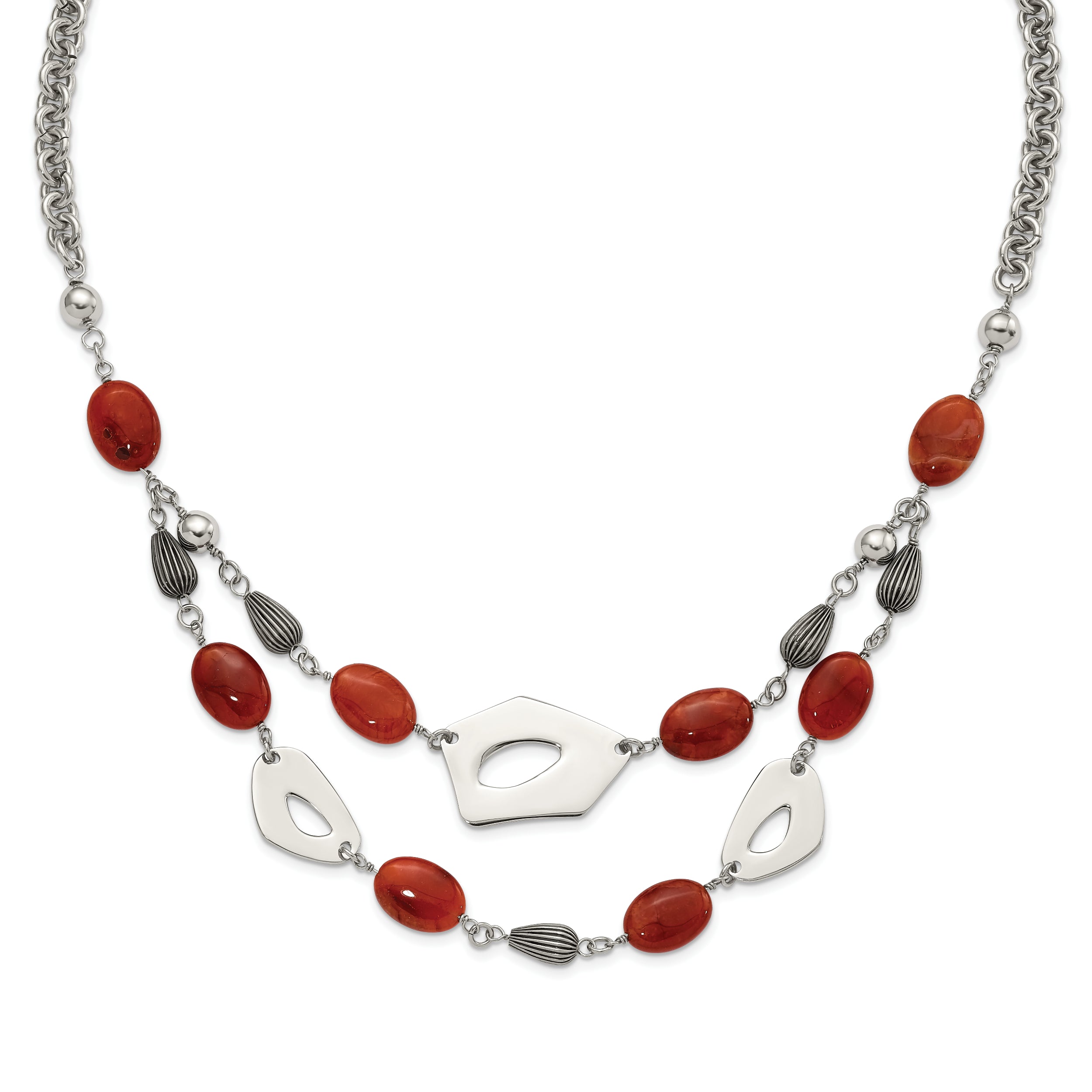 Stainless Steel Polished & Antiqued Red & Orange Agate w/ 2in ext. Necklace