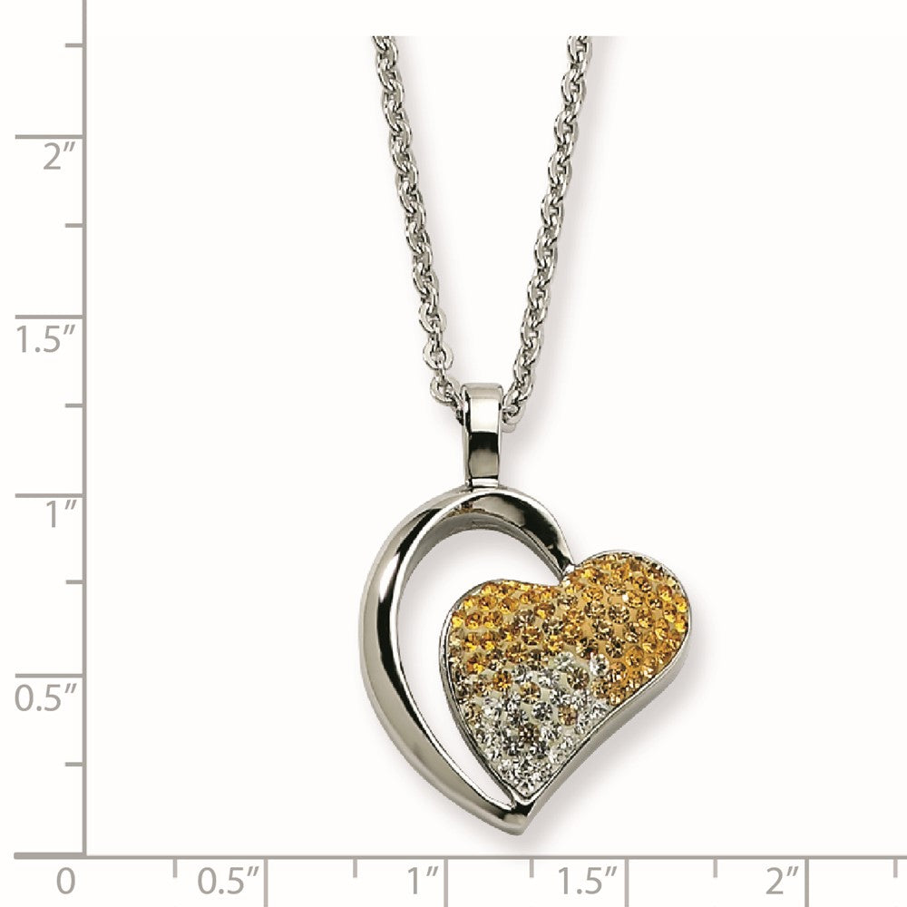 Stainless Steel Polished Yellow & White Crystal Heart Necklace