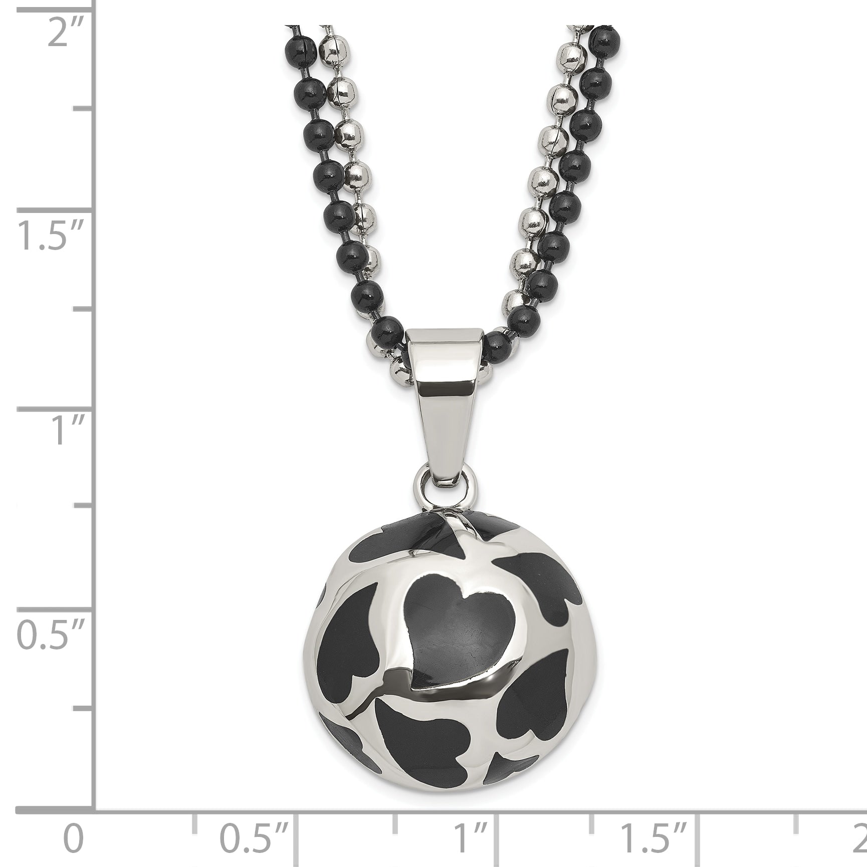 Stainless Steel Black Enamel Hearts 24in Necklace