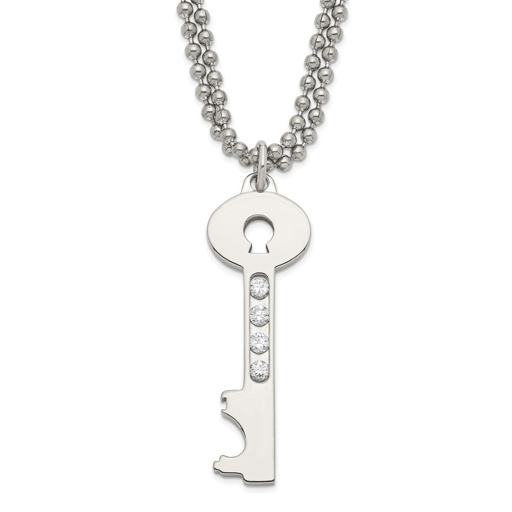 Stainless Steel Polished Key w/ CZ Double Chain Necklace