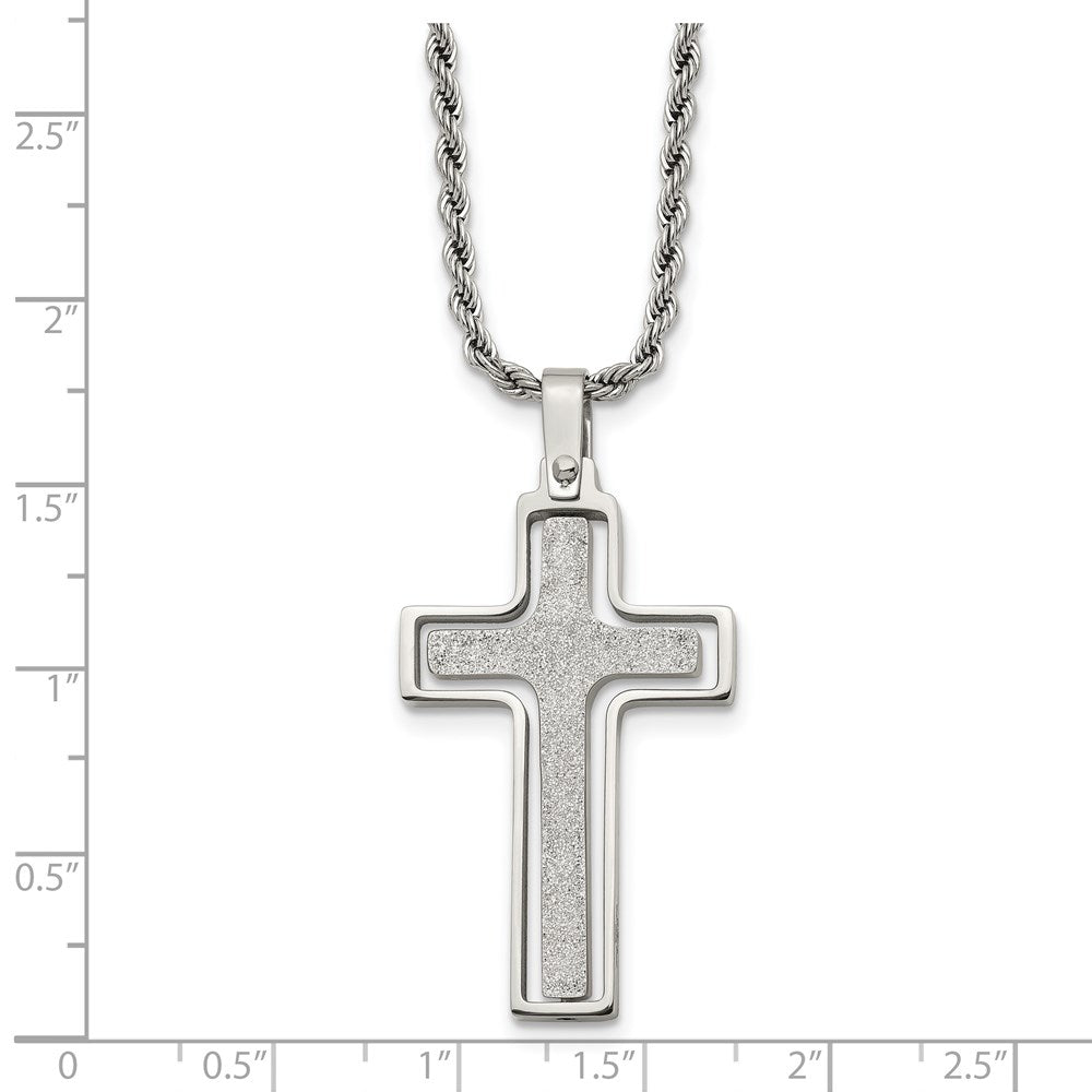 Chisel Stainless Steel Polished and Laser Cut Moveable Cross Pendant on a 22 inch Rope Chain Necklace