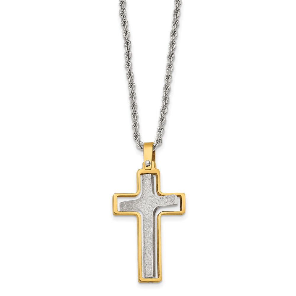 Chisel Stainless Steel Polished Laser Cut Center Yellow IP-plated Moveable Cross Pendant on 22 inch Rope Chain Necklace