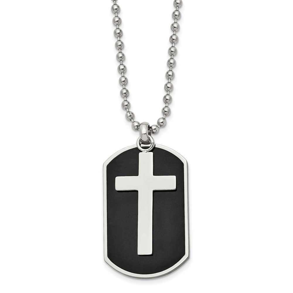 Chisel Stainless Steel Polished Black IP-plated 2 Piece Cross Dog Tag on a 24 inch Ball Chain Necklace