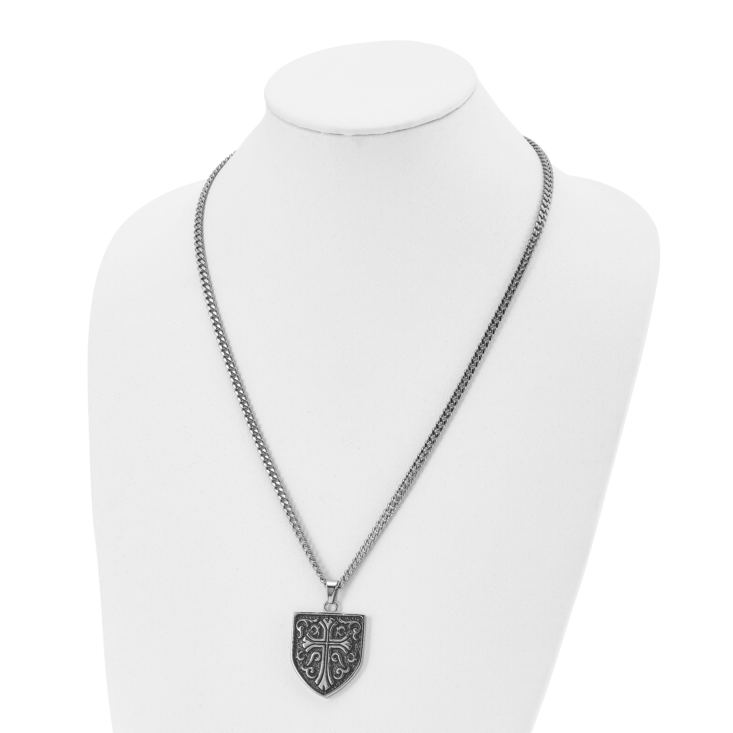 Chisel Stainless Steel Antiqued Polished and Textured Cross Shield Pendant on a 24 inch Curb Chain Necklace