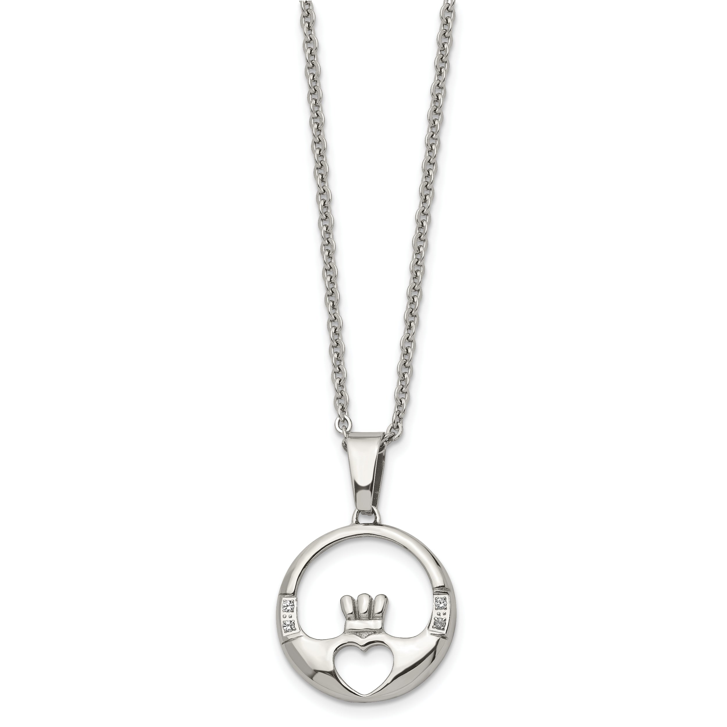 Chisel Stainless Steel Polished with CZ Claddagh Pendant on a 20 inch Cable Chain Necklace