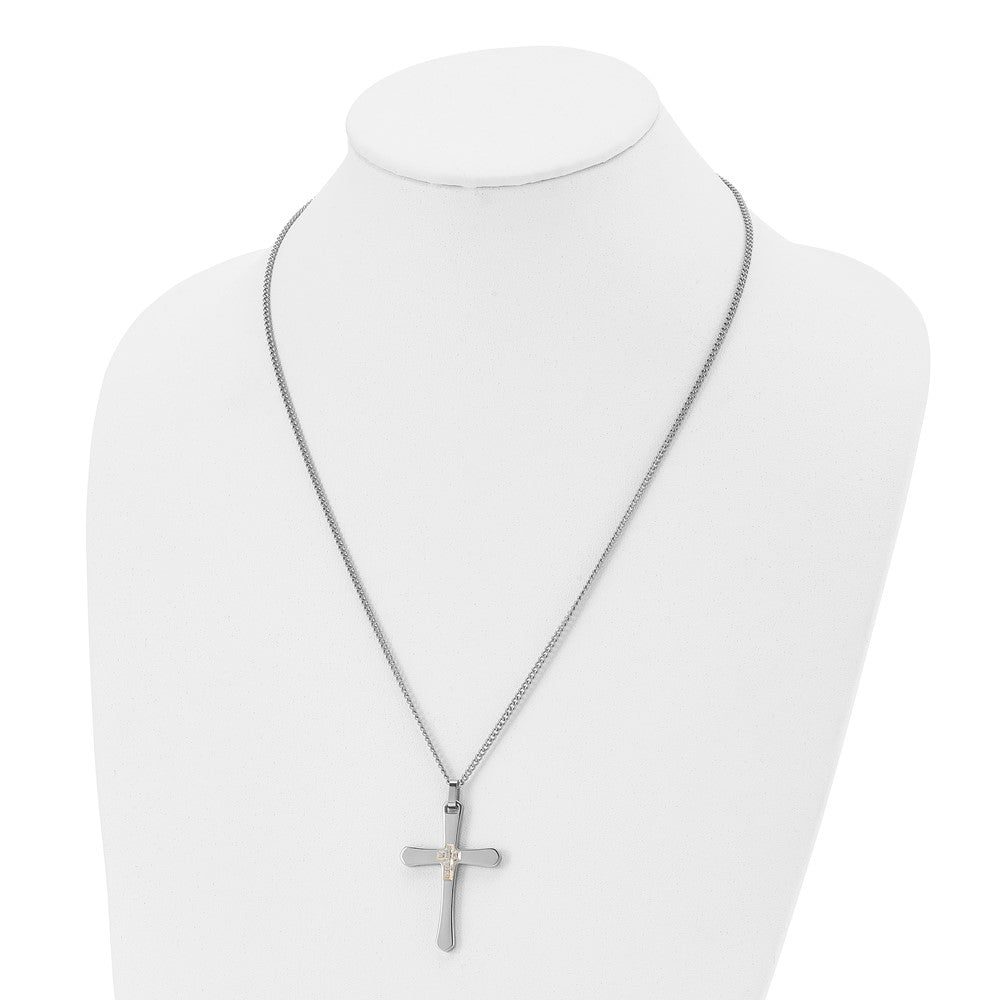 Chisel Stainless Steel Polished with 14k Gold Accent 1/15 carat Diamond Cross Pendant on a 22 inch Curb Chain Necklace
