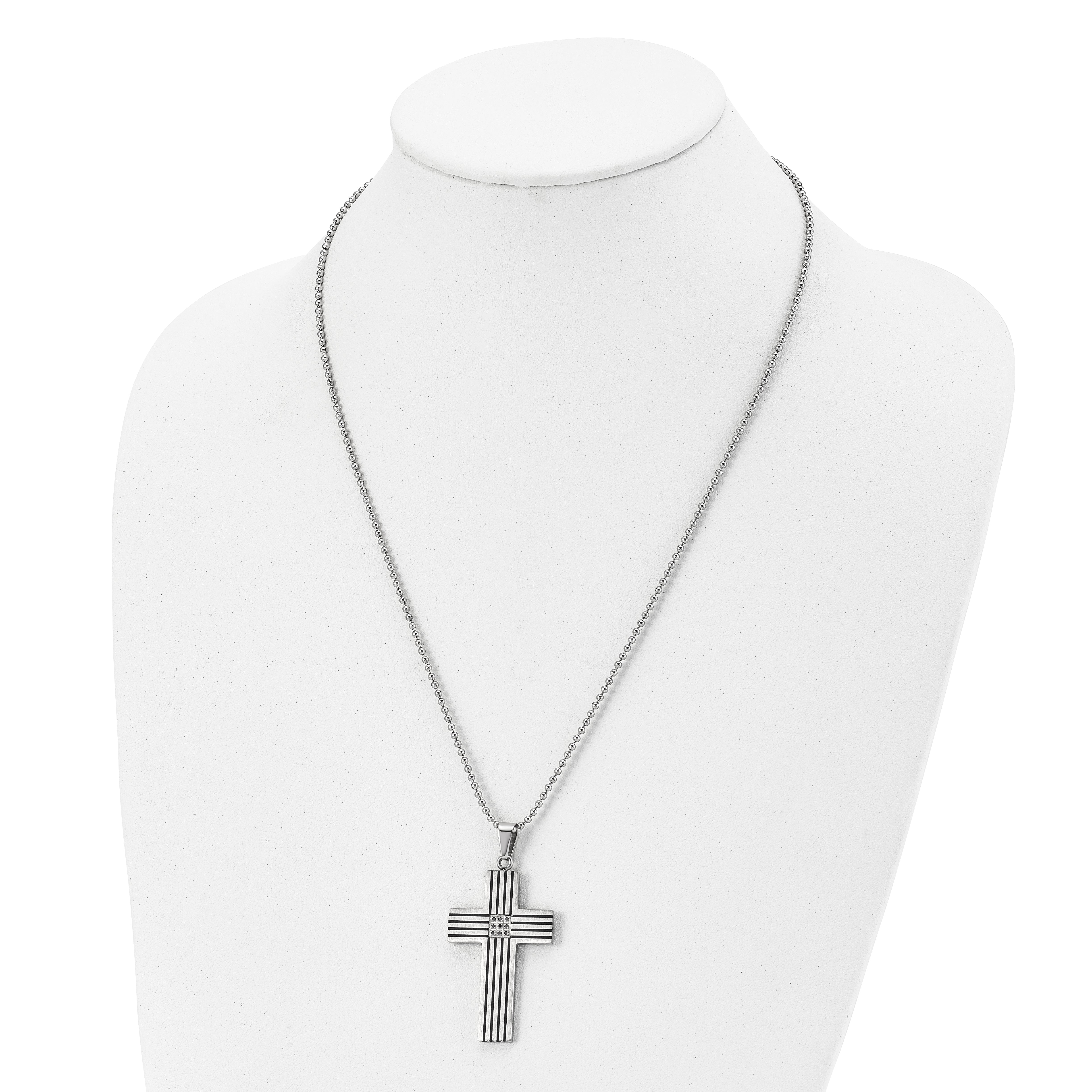 Chisel Stainless Steel Polished Black IP-plated 1/20 carat Black Diamond Striped Cross Pendant on a 22 inch Ball Chain Necklace