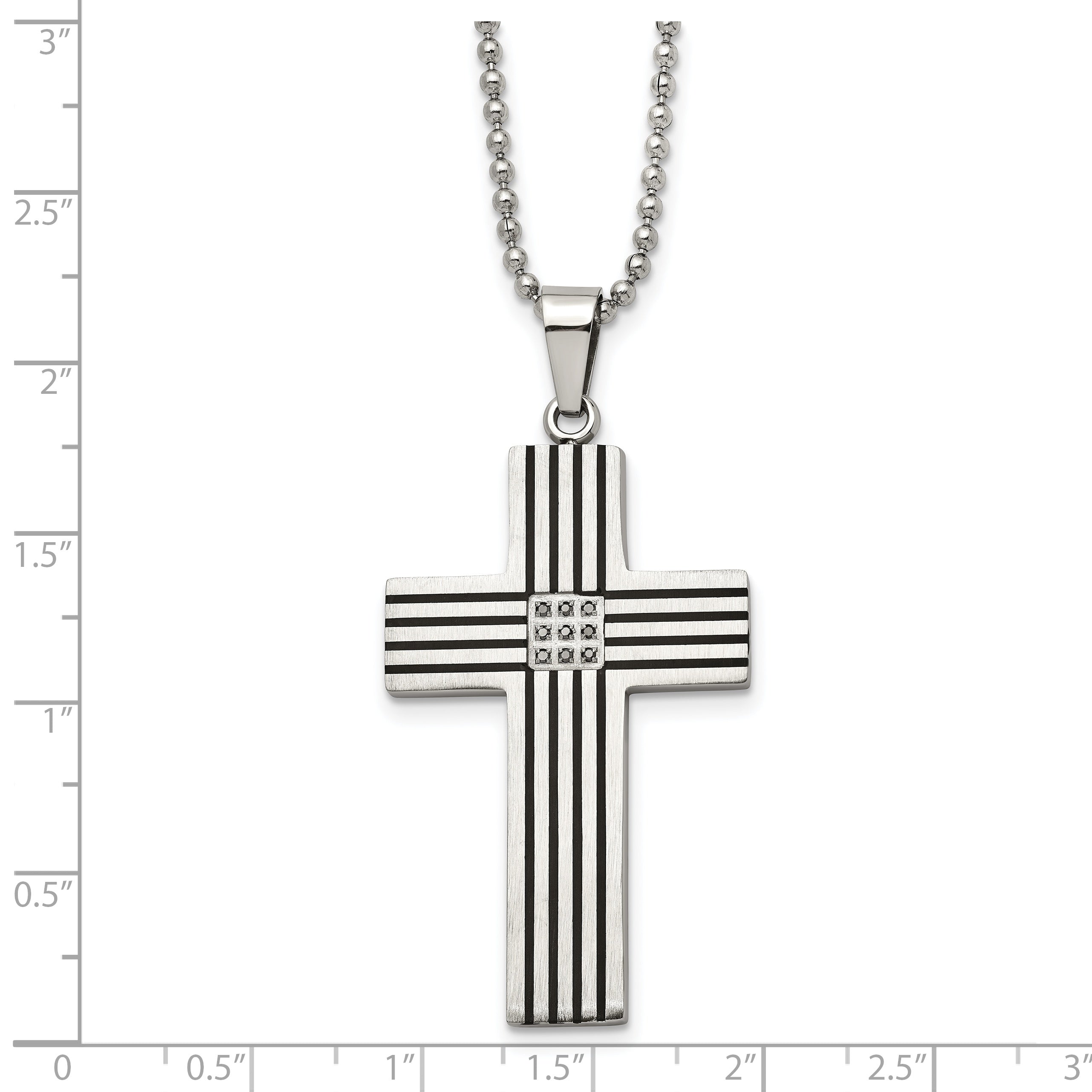 Chisel Stainless Steel Polished Black IP-plated 1/20 carat Black Diamond Striped Cross Pendant on a 22 inch Ball Chain Necklace