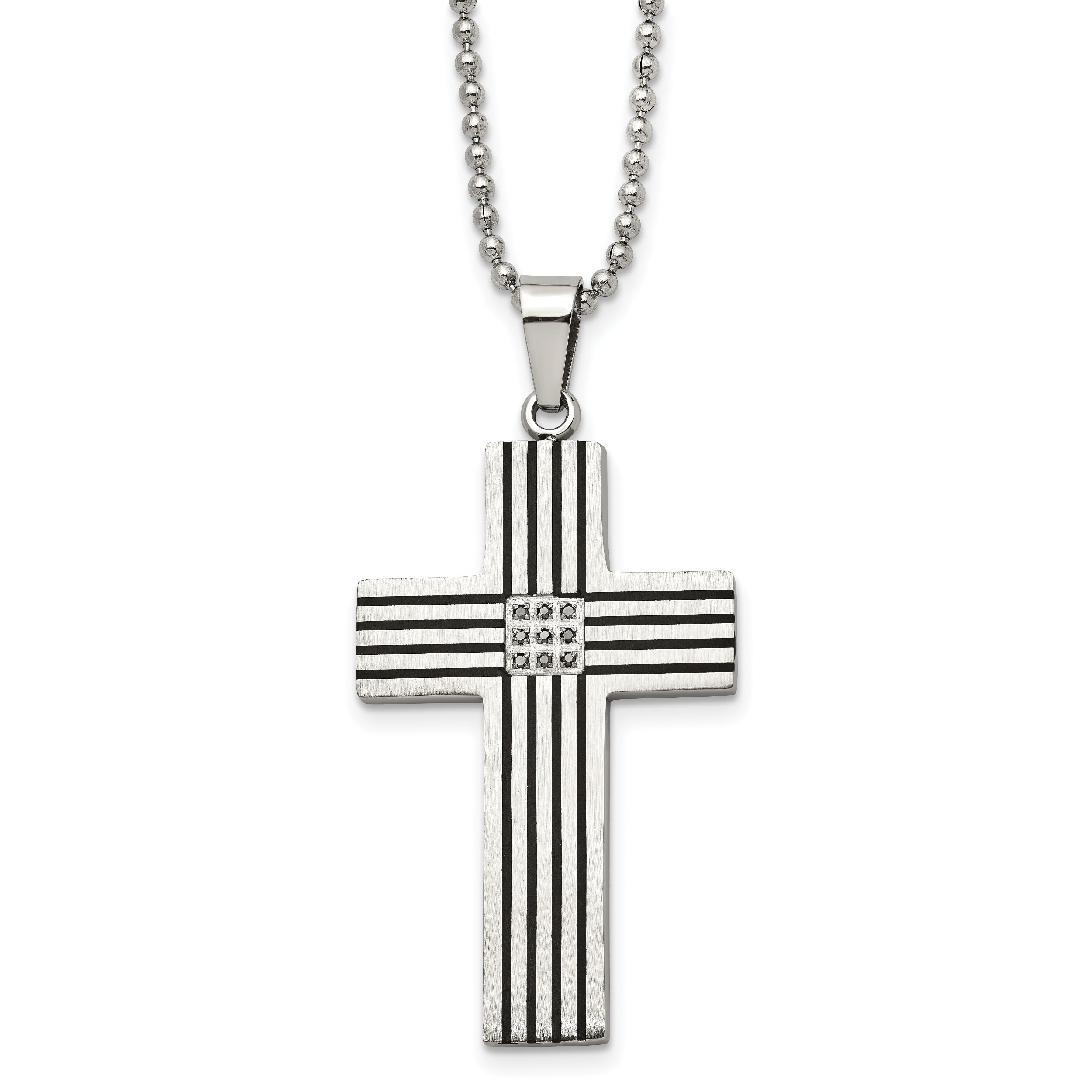 Chisel Stainless Steel Polished Black IP-plated 1/20 carat Black Diamond Striped Cross Pendant on a 22 inch Ball Chain Necklace