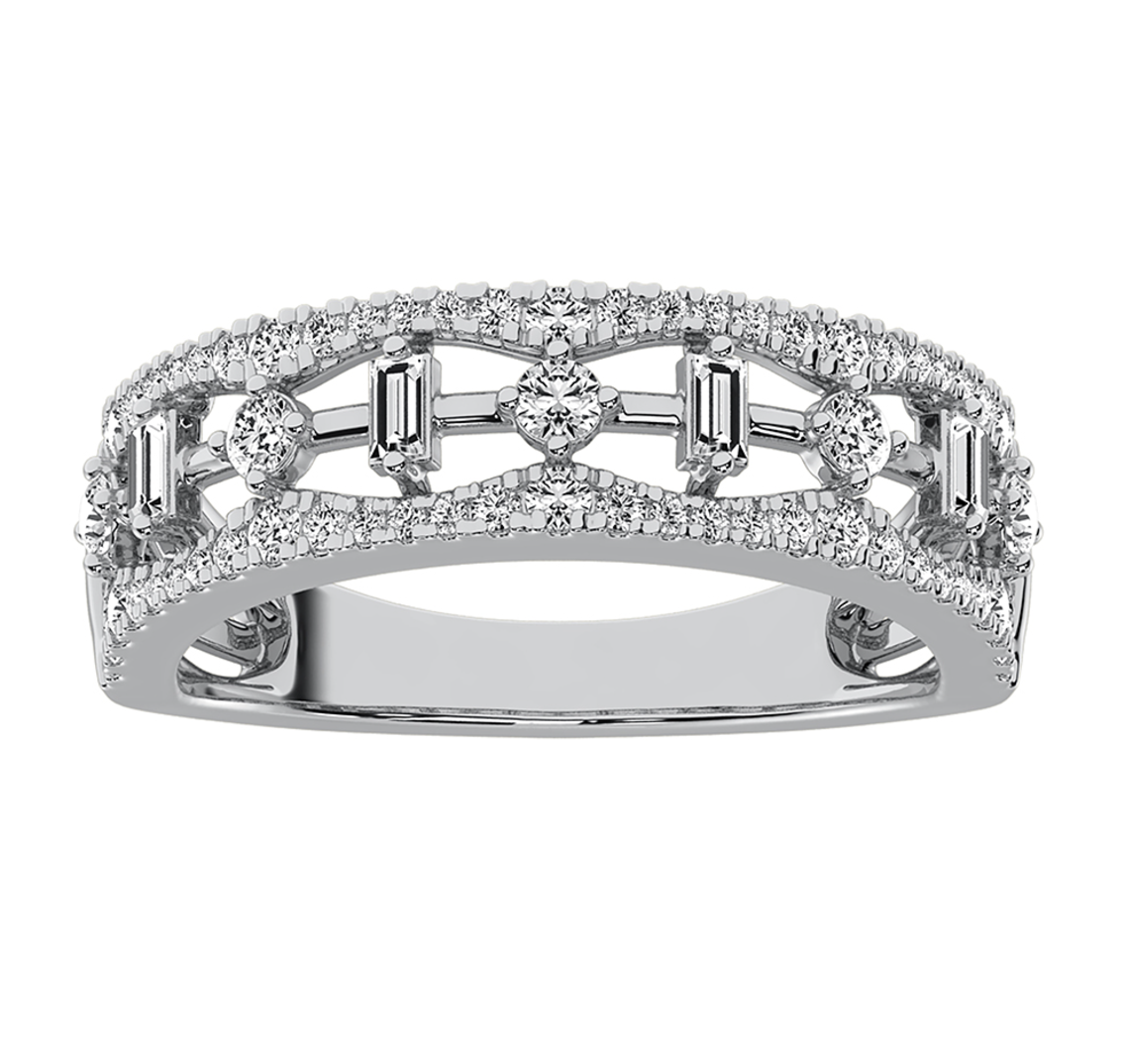 14K White Gold 1/2Ct.Tw. Diamond Round And Baguette Set Fashion Band