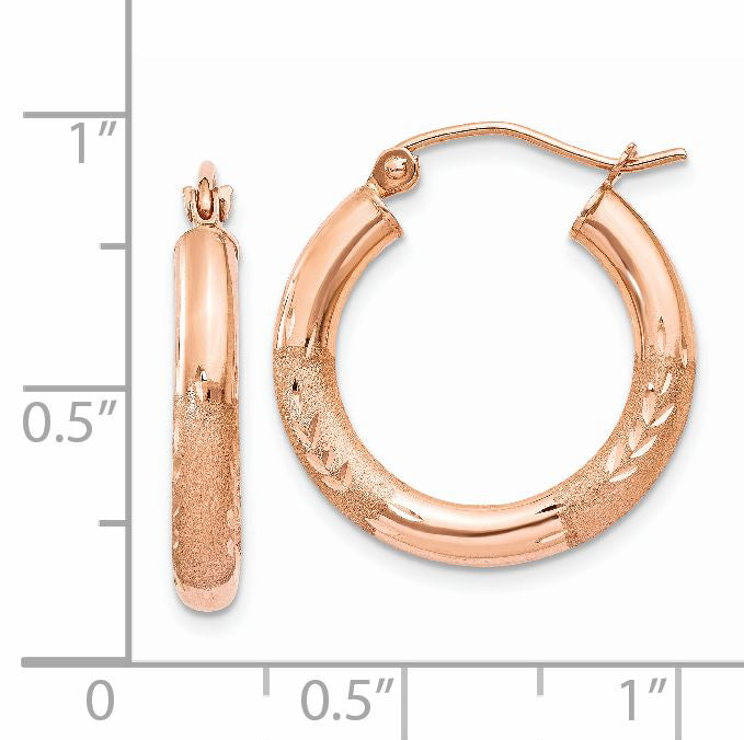 14k Rose Gold 3mm Satin and Diamond-cut Hoop Earrings