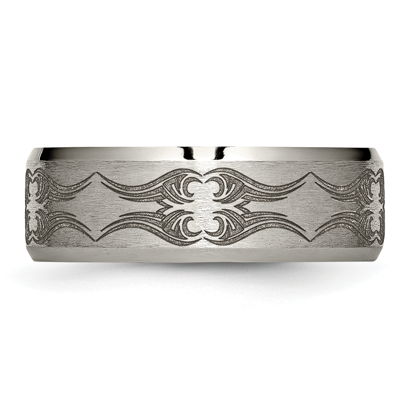 Titanium Brushed & Polished Laser Design 8mm Beveled Edge Band
