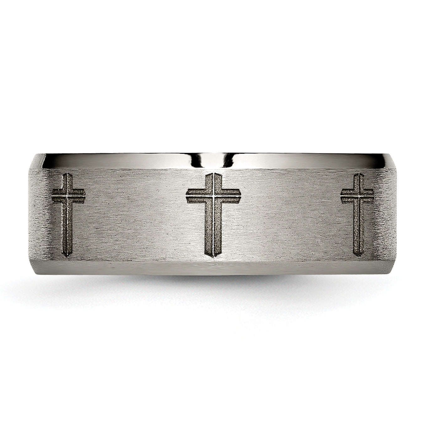 Chisel Titanium Brushed and Polished Cross Laser Design 8mm Beveled Edge Band