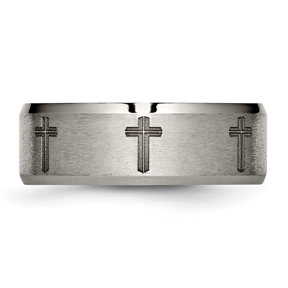 Chisel Titanium Brushed and Polished Cross Laser Design 8mm Beveled Edge Band