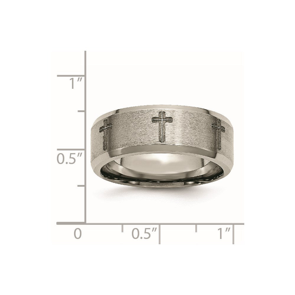 Chisel Titanium Brushed and Polished Cross Laser Design 8mm Beveled Edge Band