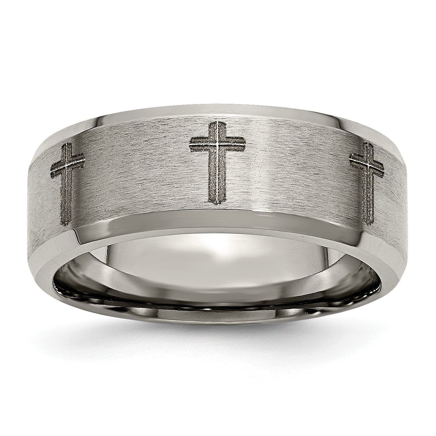 Chisel Titanium Brushed and Polished Cross Laser Design 8mm Beveled Edge Band