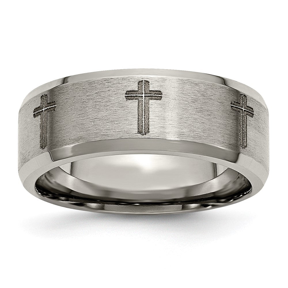 Chisel Titanium Brushed and Polished Cross Laser Design 8mm Beveled Edge Band