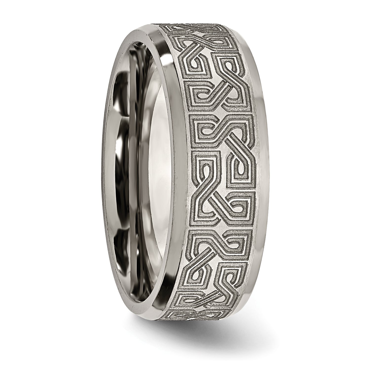 Chisel Titanium Brushed and Polished Greek Key Laser Design 8mm Beveled Band