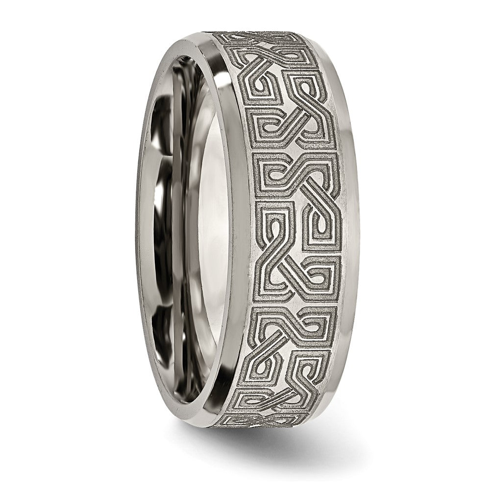 Chisel Titanium Brushed and Polished Greek Key Laser Design 8mm Beveled Band