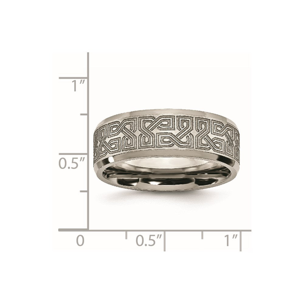 Chisel Titanium Brushed and Polished Greek Key Laser Design 8mm Beveled Band