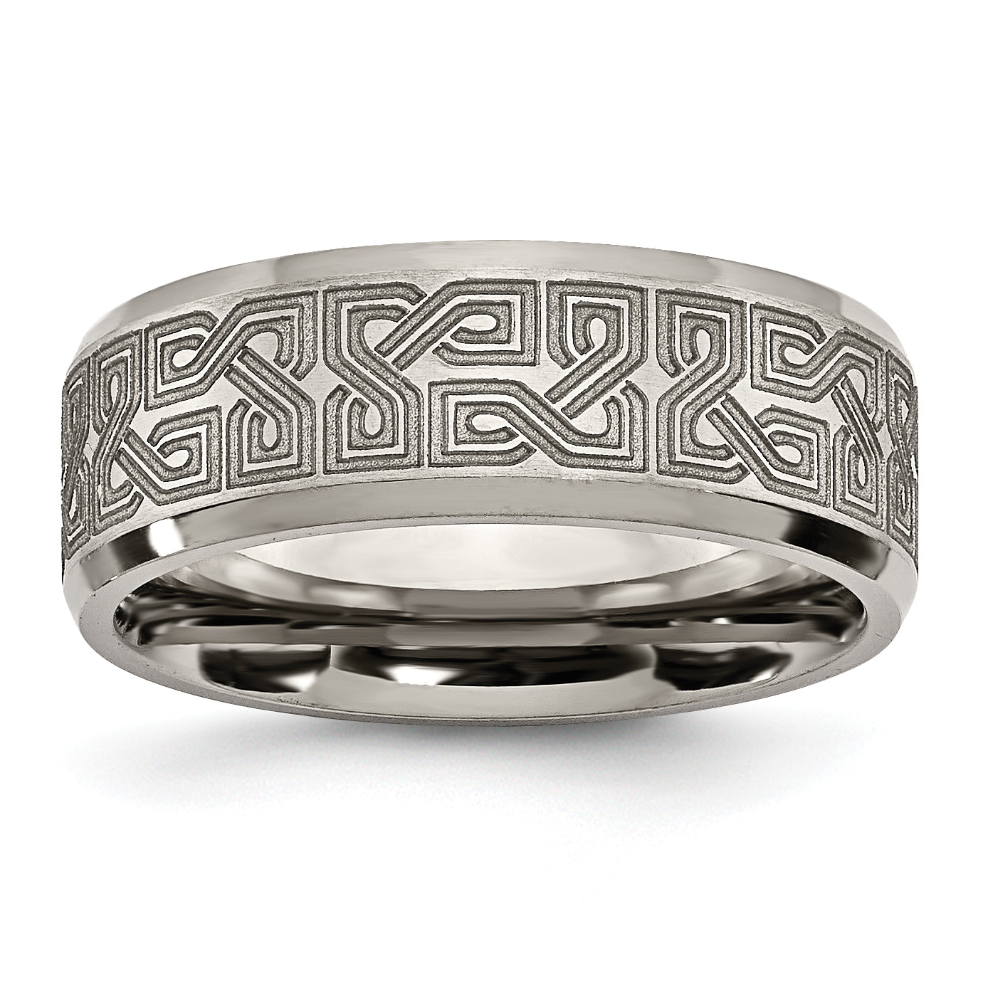 Chisel Titanium Brushed and Polished Greek Key Laser Design 8mm Beveled Band