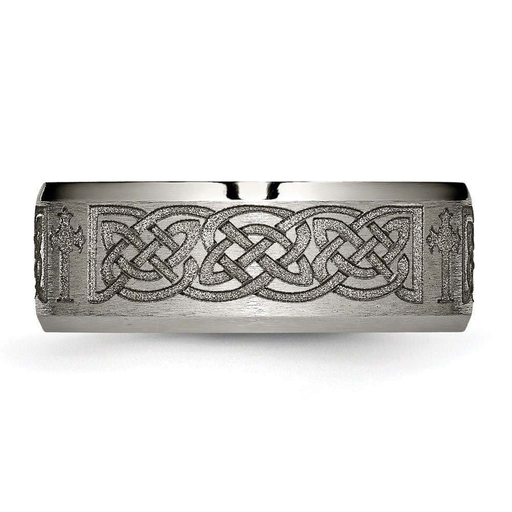 Chisel Titanium Brushed and Polished Cross Laser Design 8mm Beveled Edge Band