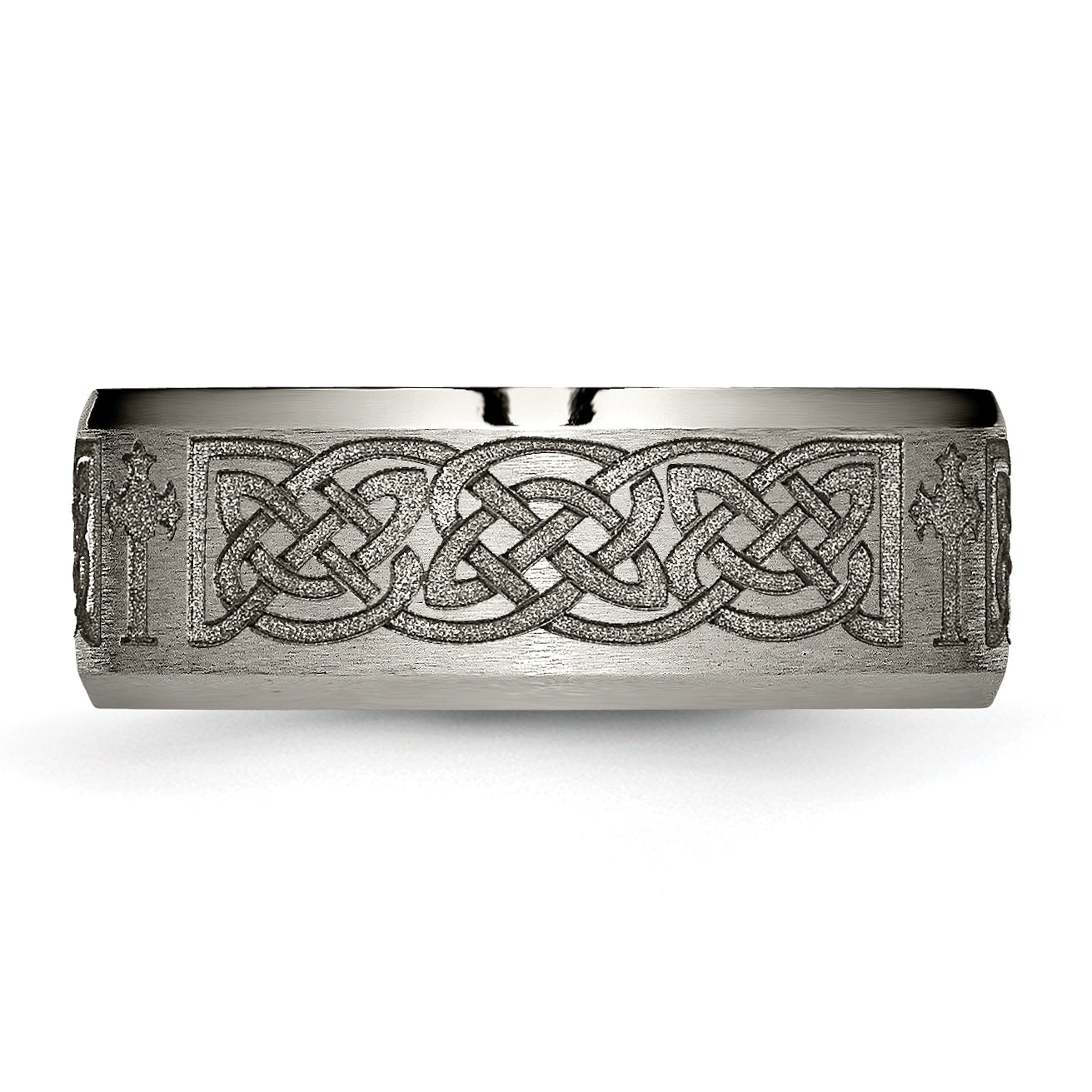 Chisel Titanium Brushed and Polished Cross Laser Design 8mm Beveled Edge Band