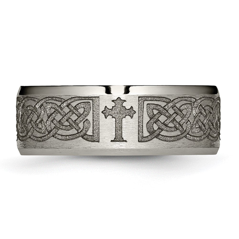 Chisel Titanium Brushed and Polished Cross Laser Design 8mm Beveled Edge Band