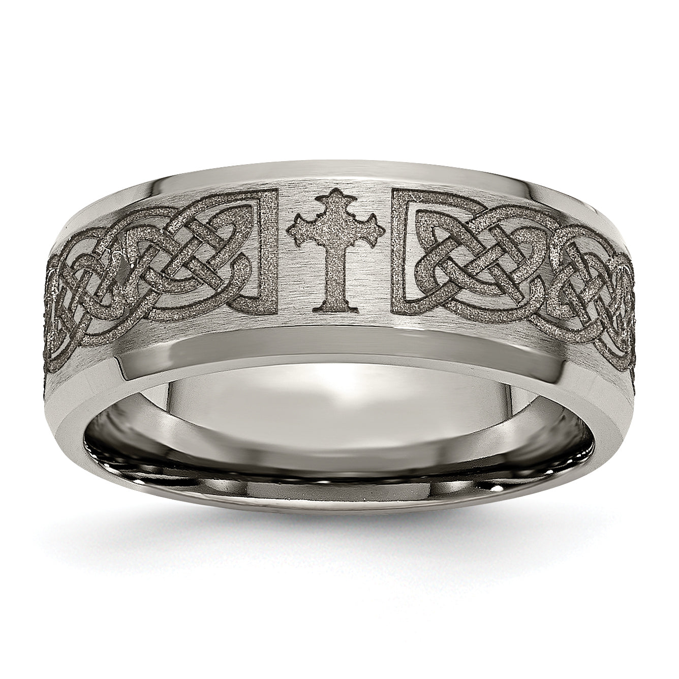 Chisel Titanium Brushed and Polished Cross Laser Design 8mm Beveled Edge Band