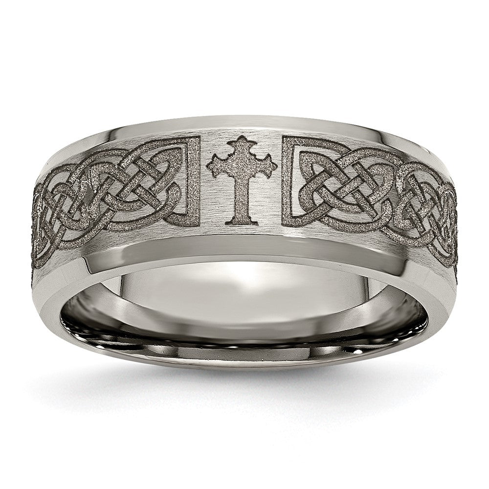 Chisel Titanium Brushed and Polished Cross Laser Design 8mm Beveled Edge Band