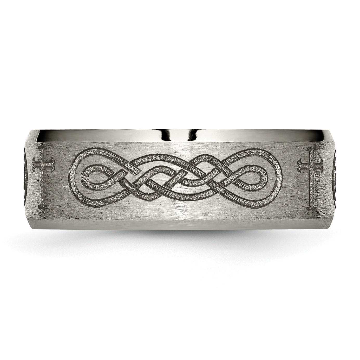 Chisel Titanium Brushed and Polished Cross Laser Design 8mm Beveled Edge Band