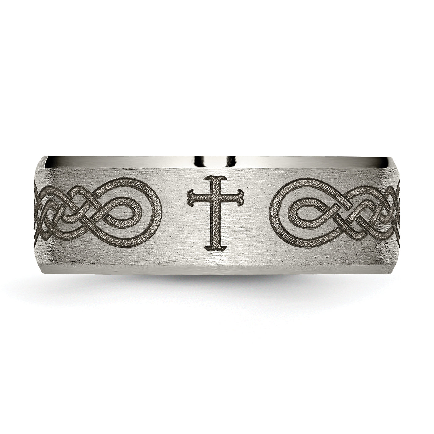 Chisel Titanium Brushed and Polished Cross Laser Design 8mm Beveled Edge Band