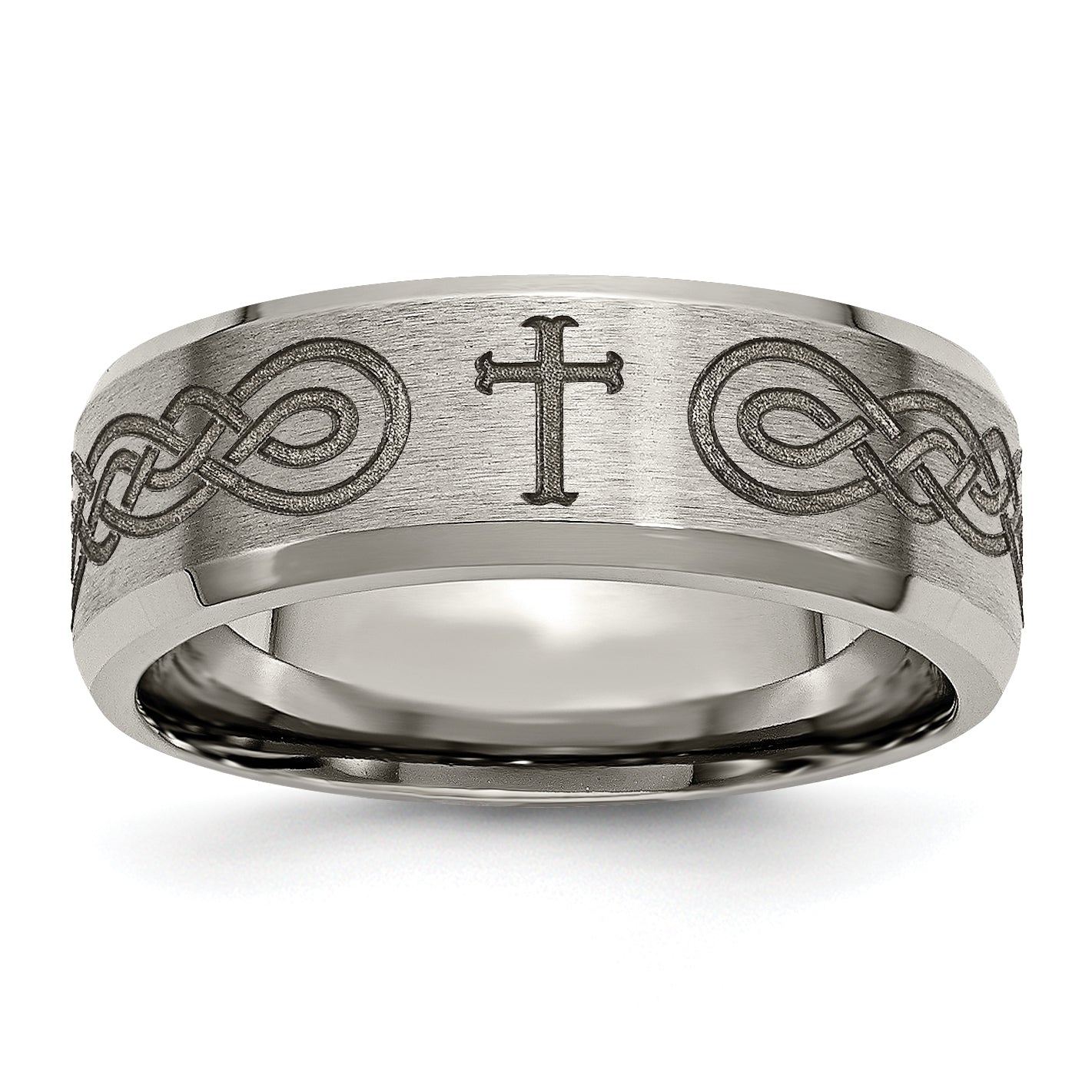 Chisel Titanium Brushed and Polished Cross Laser Design 8mm Beveled Edge Band