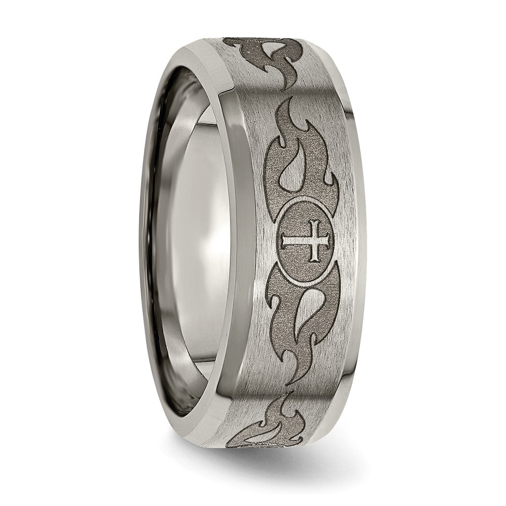 Chisel Titanium Brushed and Polished Cross Laser Design 8mm Beveled Edge Band
