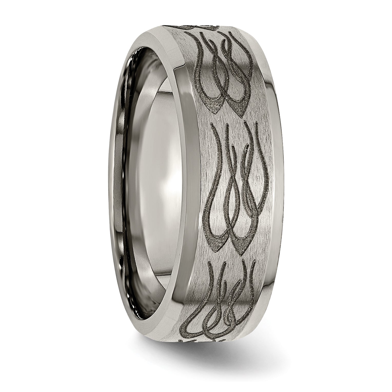 Chisel Titanium Brushed and Polished Flames Laser Design 8mm Beveled Edge Band