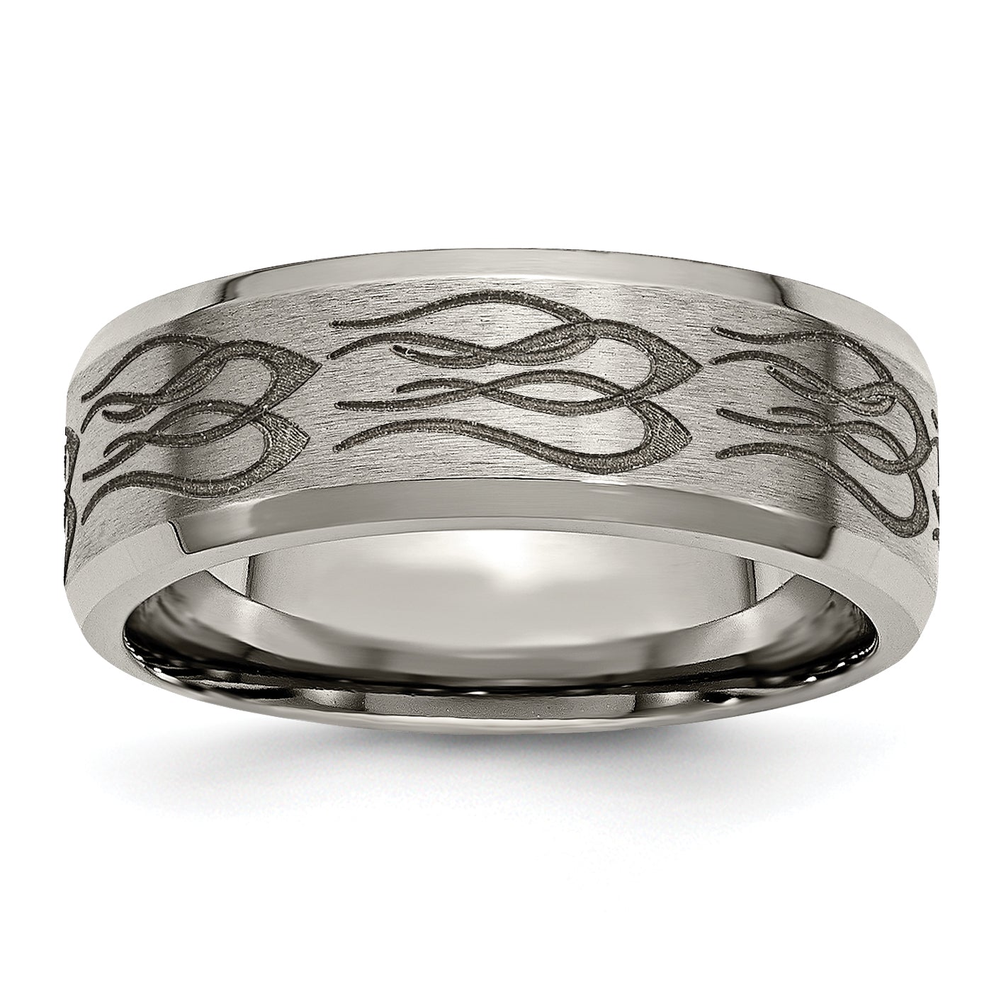 Chisel Titanium Brushed and Polished Flames Laser Design 8mm Beveled Edge Band