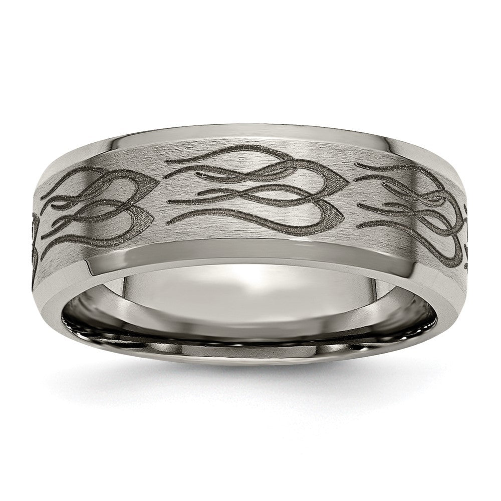 Chisel Titanium Brushed and Polished Flames Laser Design 8mm Beveled Edge Band