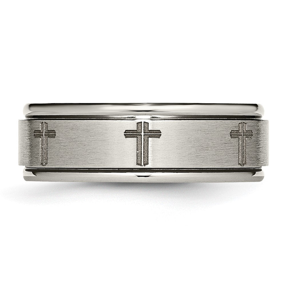 Chisel Titanium Brushed and Polished Cross Laser Design 8mm Ridged Edge Band