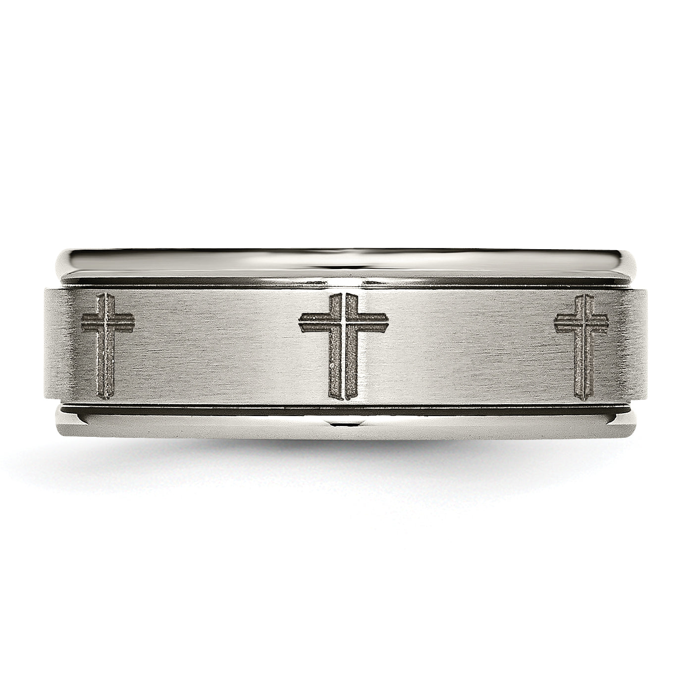 Chisel Titanium Brushed and Polished Cross Laser Design 8mm Ridged Edge Band